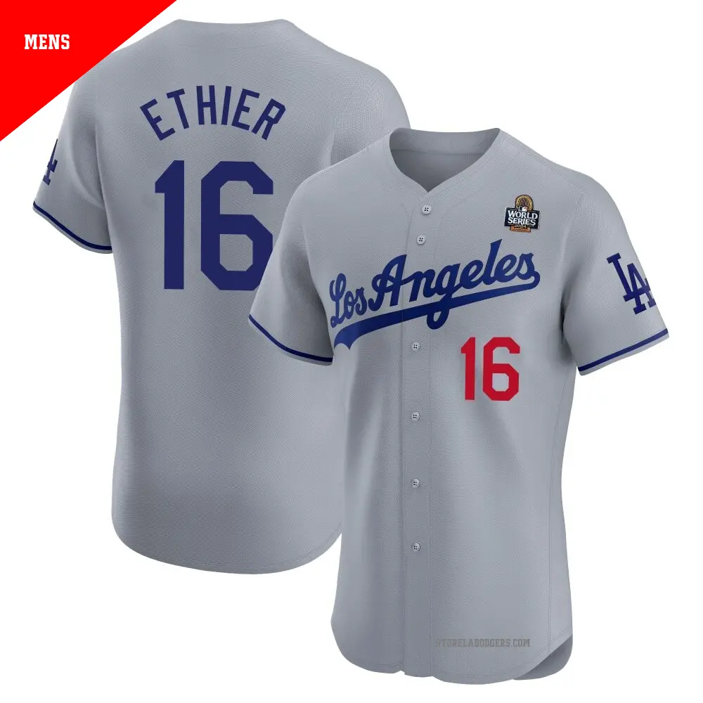 Men's ＃16 Andre Ethier Los Angeles Dodgers Gray Elite Road 2024 World Series Jersey