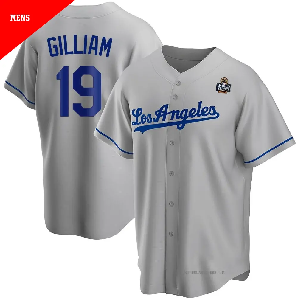 Men's ＃19 Jim Gilliam Los Angeles Dodgers Gray Replica Road 2024 World Series Jersey