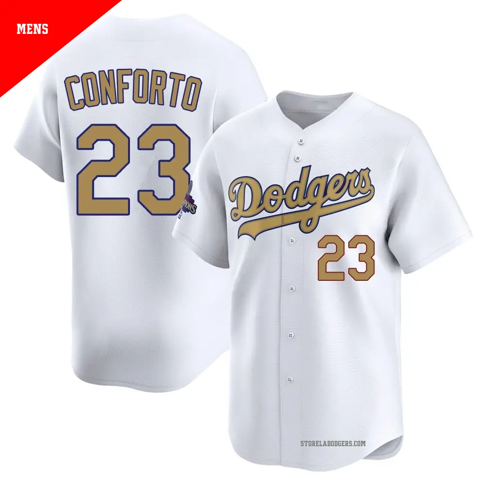 Men's ＃23 Michael Conforto Los Angeles Dodgers Gold Limited White 2025 Collection Jersey