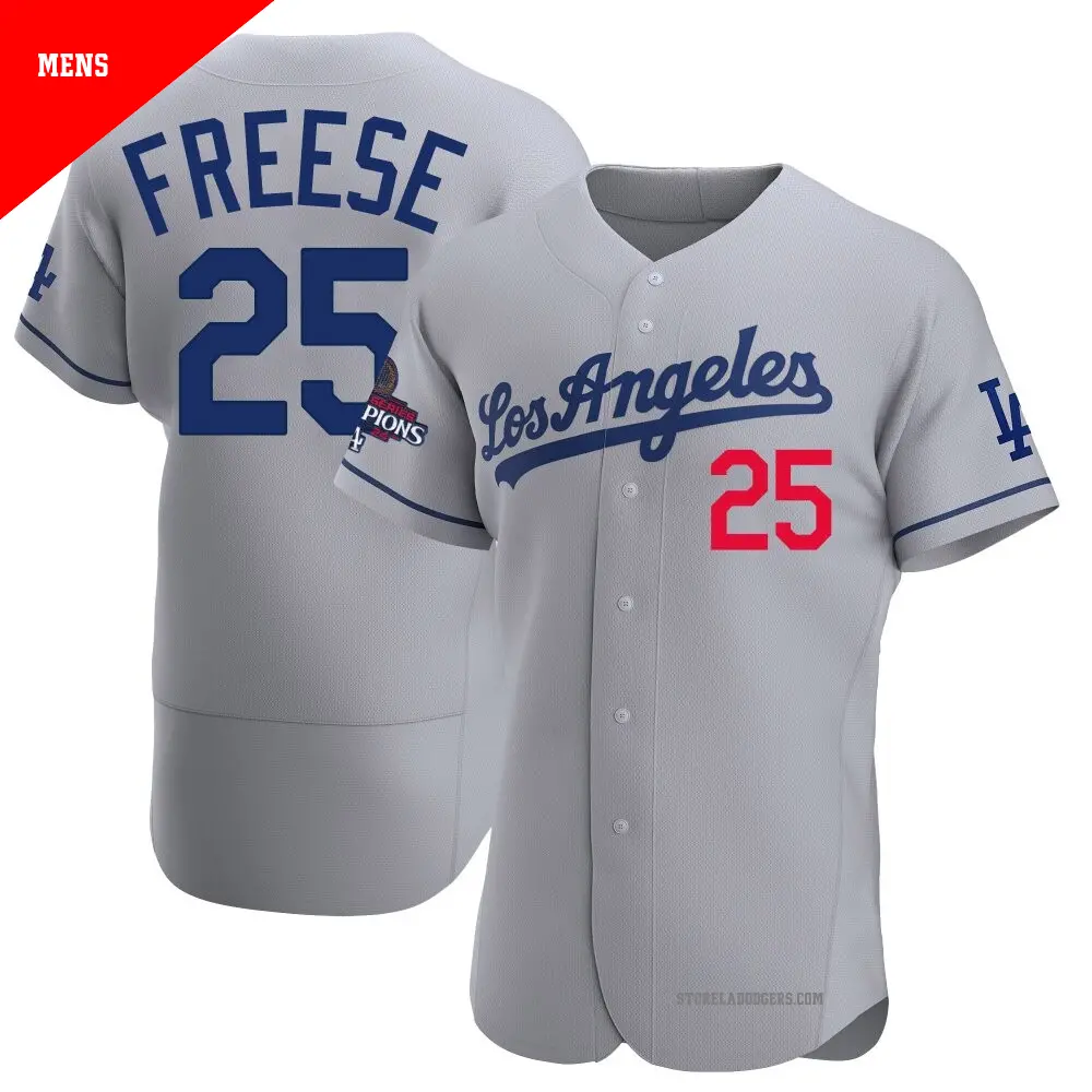 Men's ＃25 David Freese Los Angeles Dodgers Gray Authentic Away Official 2024 World Series Champions Jersey