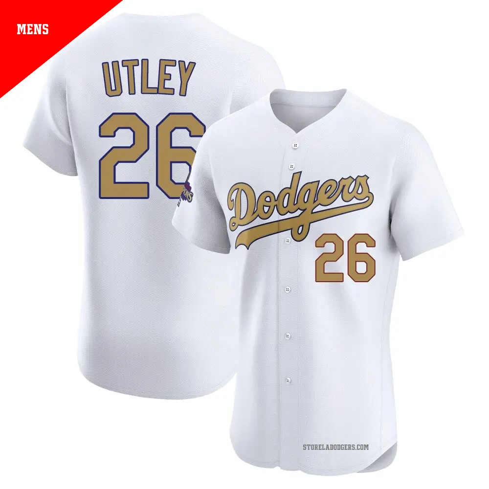 Men's ＃26 Chase Utley Los Angeles Dodgers Gold Elite White 2025 Collection Jersey