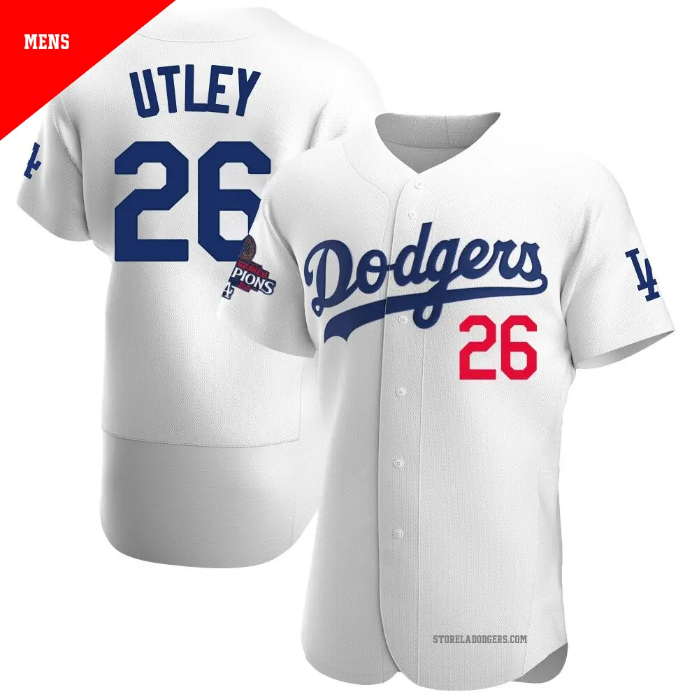 Men's ＃26 Chase Utley Los Angeles Dodgers White Authentic Home Official 2024 World Series Champions Jersey