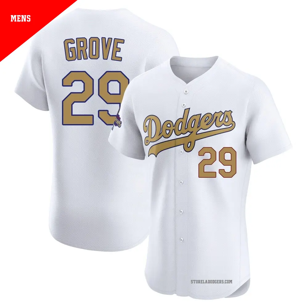 Men's ＃29 Michael Grove Los Angeles Dodgers Gold Elite White 2025 Collection Jersey