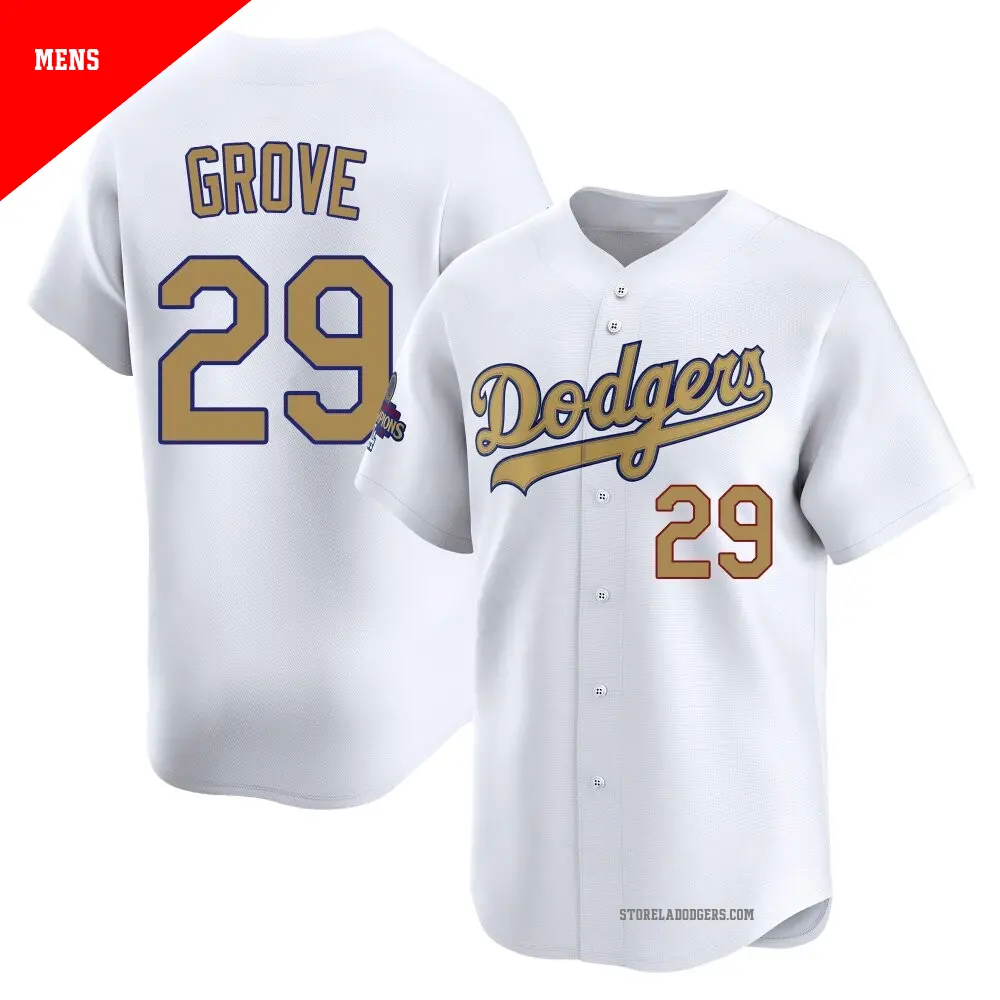 Men's ＃29 Michael Grove Los Angeles Dodgers Gold Limited White 2025 Collection Jersey