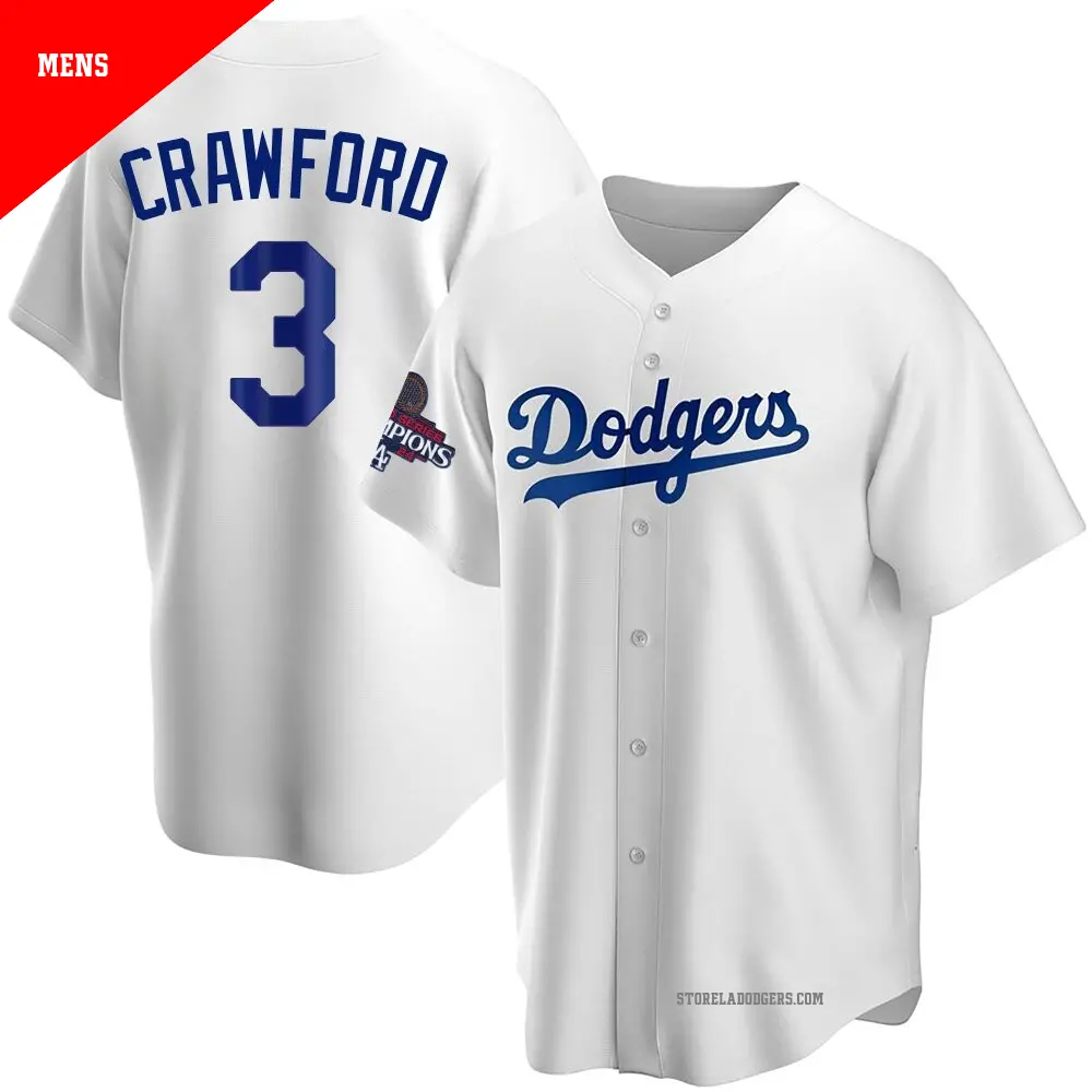 Men's ＃3 Carl Crawford Los Angeles Dodgers White Replica Home 2024 World Series Champions Jersey