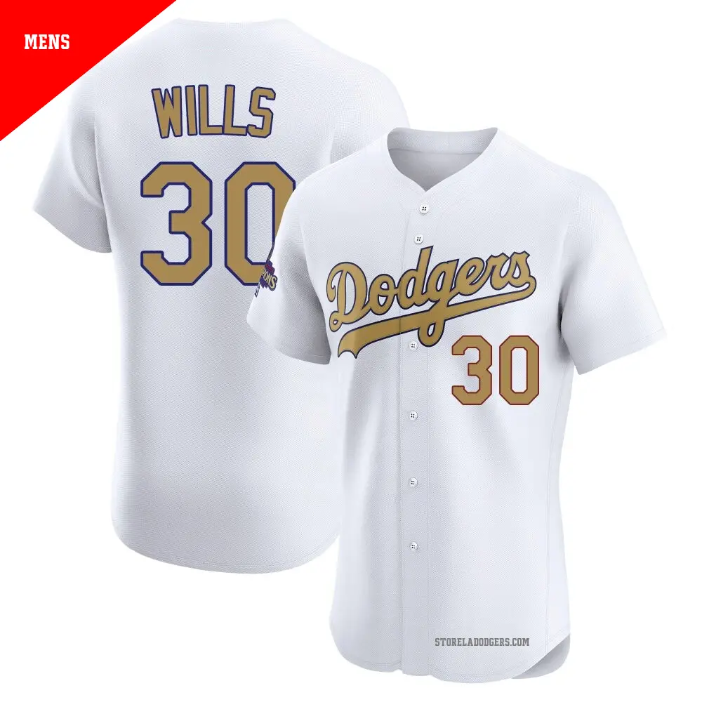 Men's ＃30 Maury Wills Los Angeles Dodgers Gold Elite White 2025 Collection Jersey