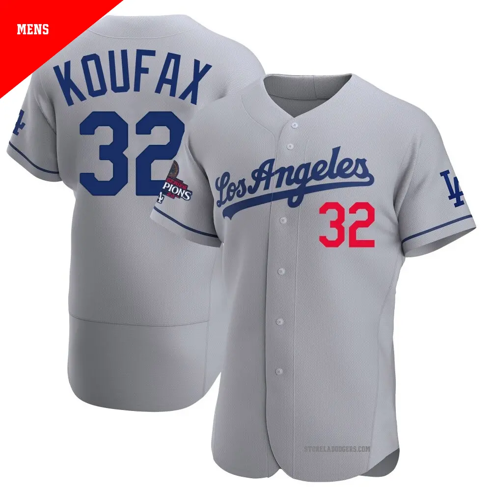 Men's ＃32 Sandy Koufax Los Angeles Dodgers Gray Authentic Away Official 2024 World Series Champions Jersey