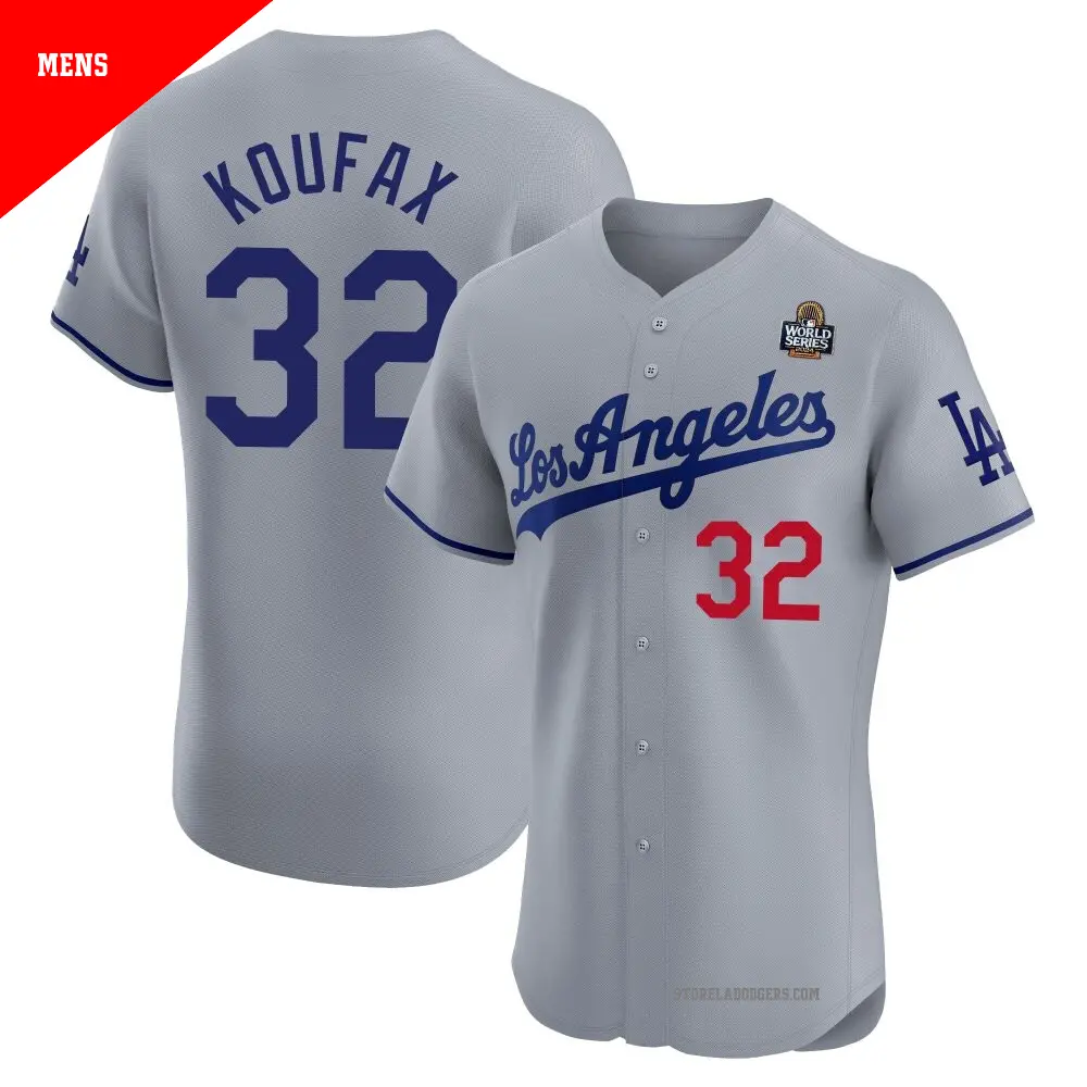 Men's ＃32 Sandy Koufax Los Angeles Dodgers Gray Elite Road 2024 World Series Jersey