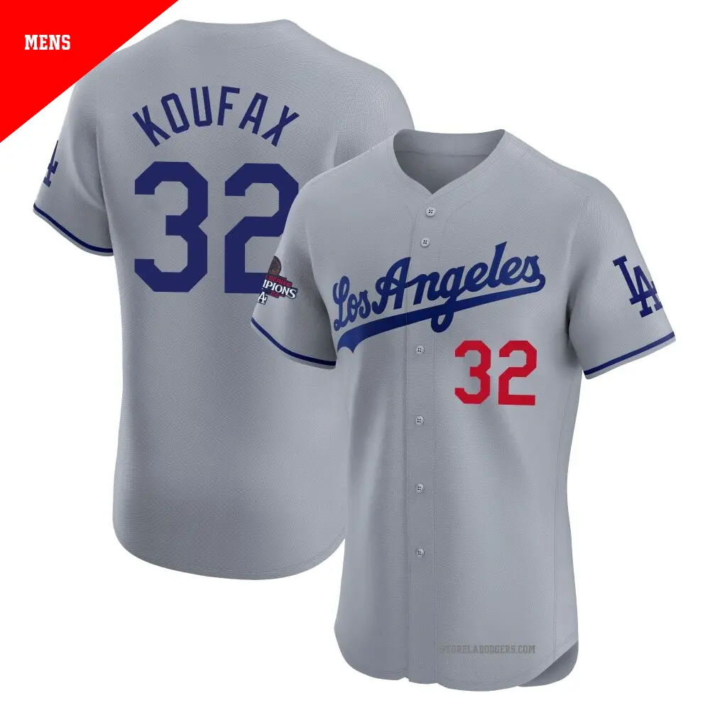Men's ＃32 Sandy Koufax Los Angeles Dodgers Gray Elite Road World Series Champions Jersey