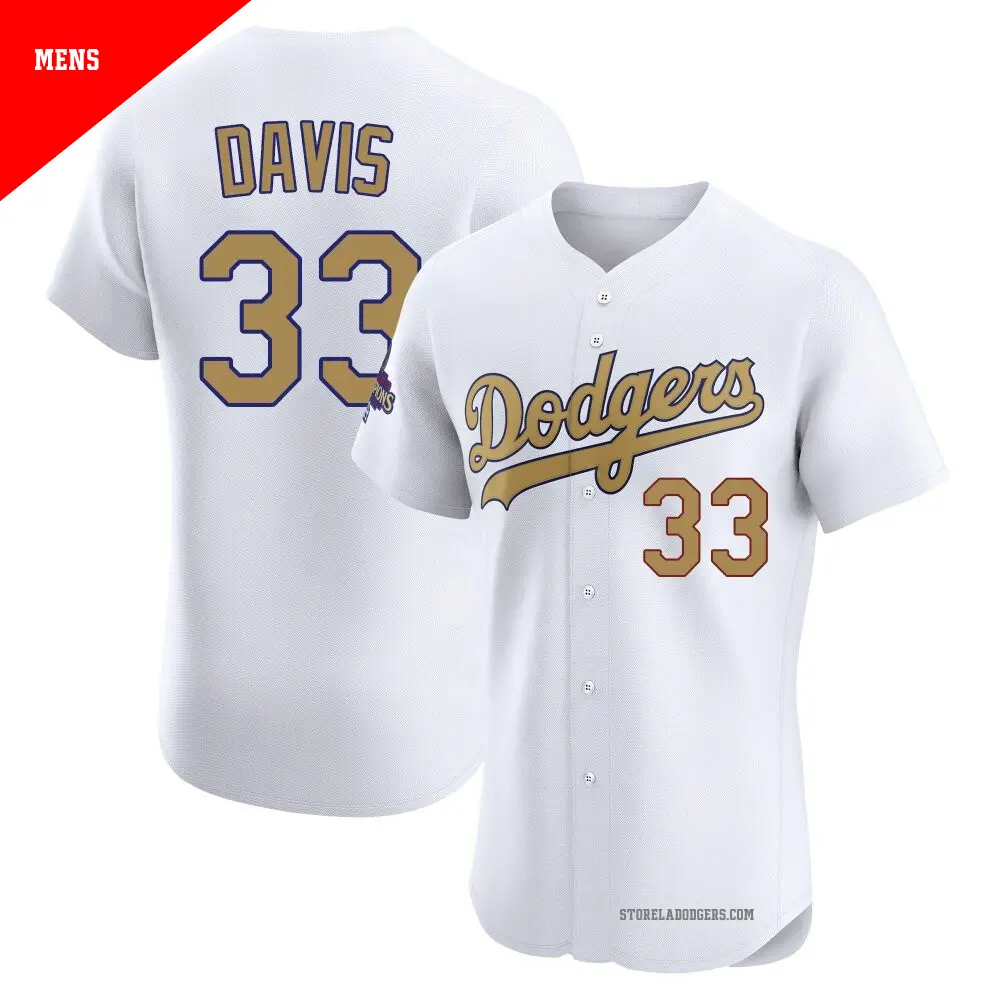 Men's ＃33 Eric Davis Los Angeles Dodgers Gold Elite White 2025 Collection Jersey