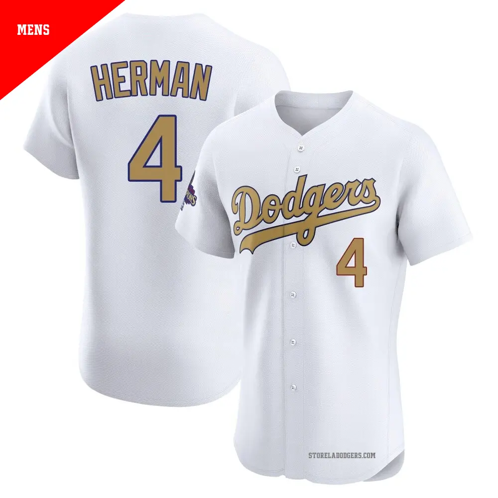 Men's ＃4 Babe Herman Los Angeles Dodgers Gold Elite White 2025 Collection Jersey