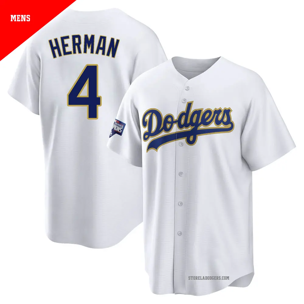 Men's ＃4 Babe Herman Los Angeles Dodgers White/Gold Replica 2021 Gold Program Player Jersey