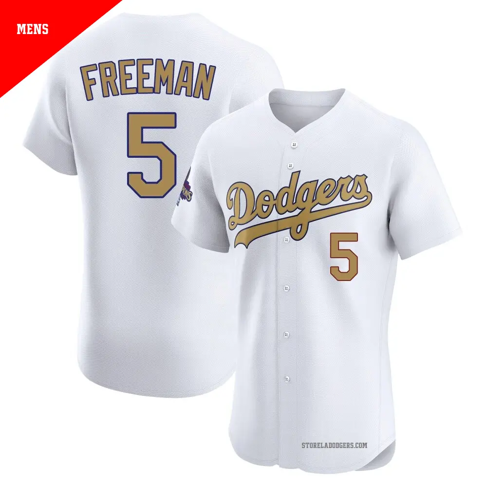 Men's ＃5 Freddie Freeman Los Angeles Dodgers Gold Elite White 2025 Collection Jersey