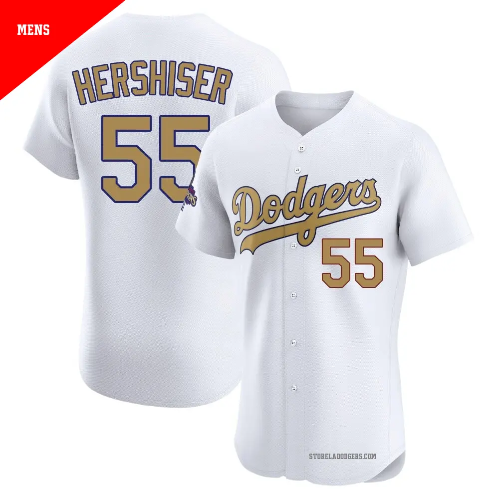 Men's ＃55 Orel Hershiser Los Angeles Dodgers Gold Elite White 2025 Collection Jersey