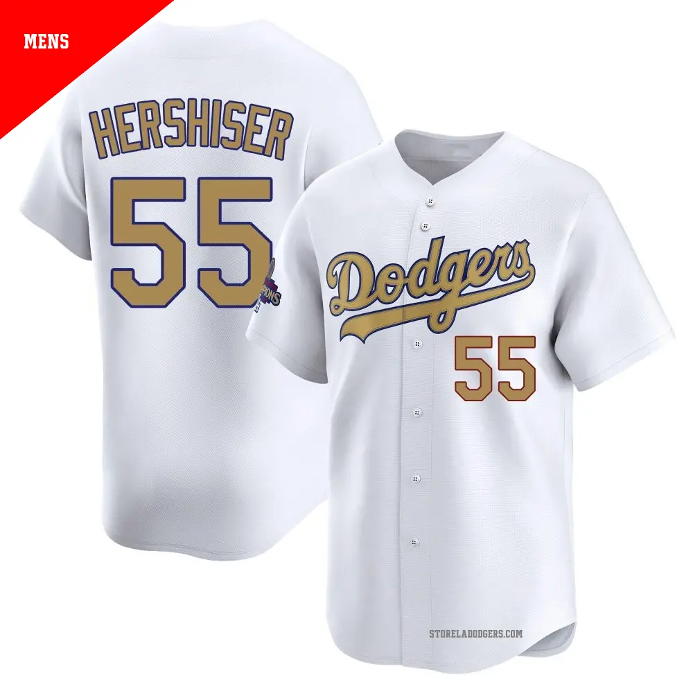Men's ＃55 Orel Hershiser Los Angeles Dodgers Gold Limited White 2025 Collection Jersey