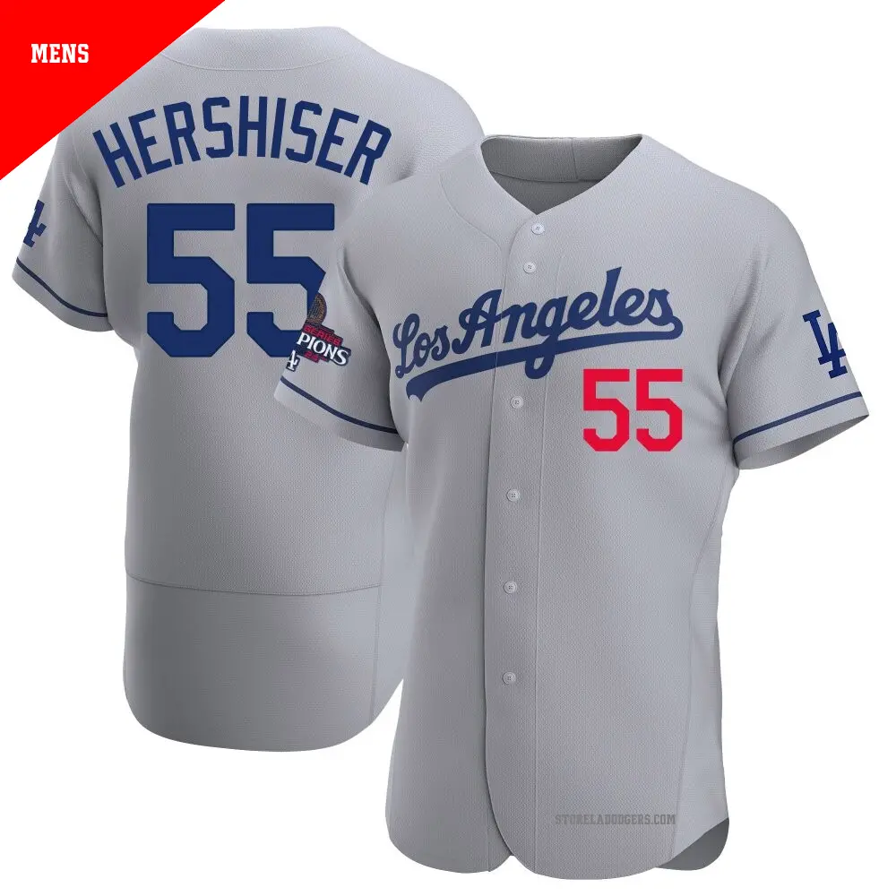 Men's ＃55 Orel Hershiser Los Angeles Dodgers Gray Authentic Away Official 2024 World Series Champions Jersey