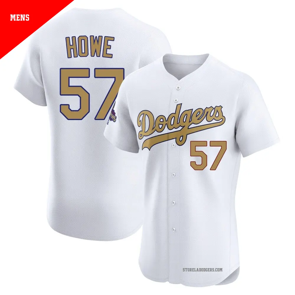 Men's ＃57 Steve Howe Los Angeles Dodgers Gold Elite White 2025 Collection Jersey