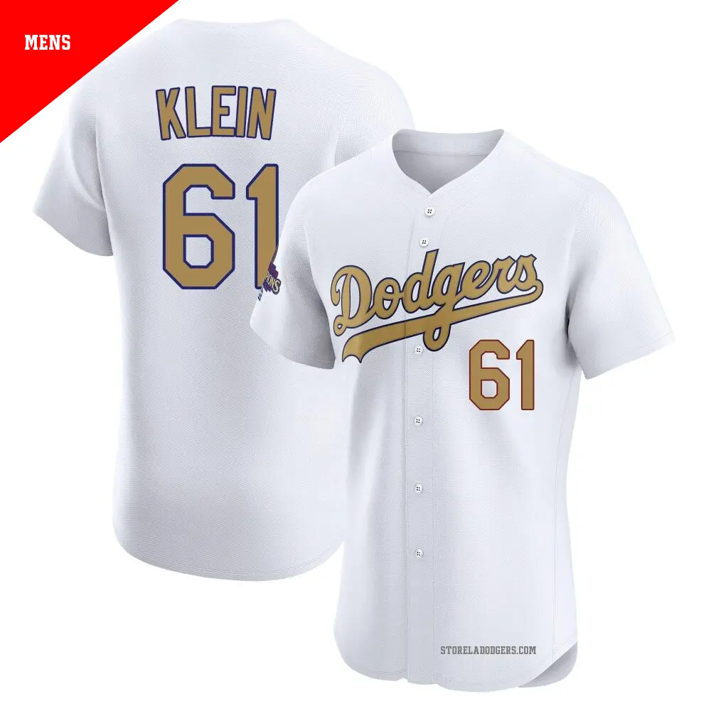 Men's ＃61 Will Klein Los Angeles Dodgers Gold Elite White 2025 Collection Jersey