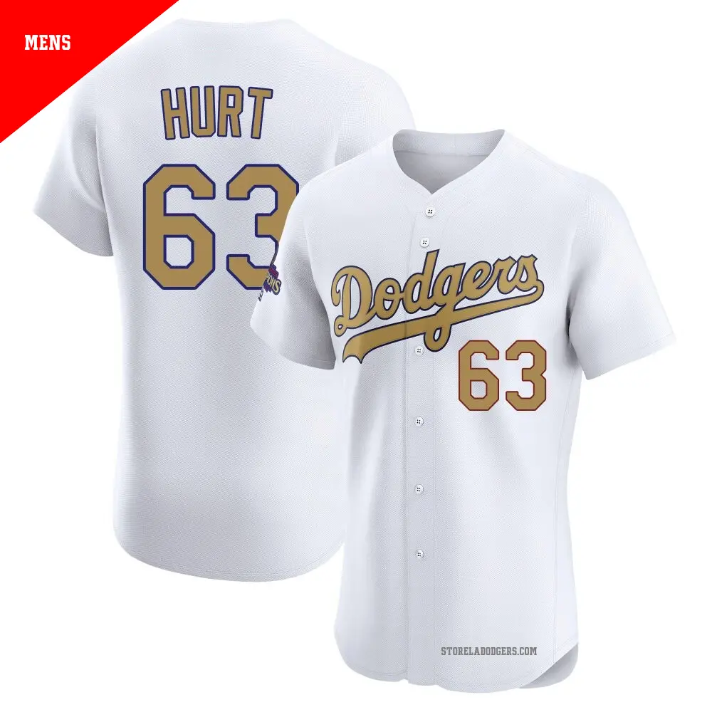 Men's ＃63 Kyle Hurt Los Angeles Dodgers Gold Elite White 2025 Collection Jersey