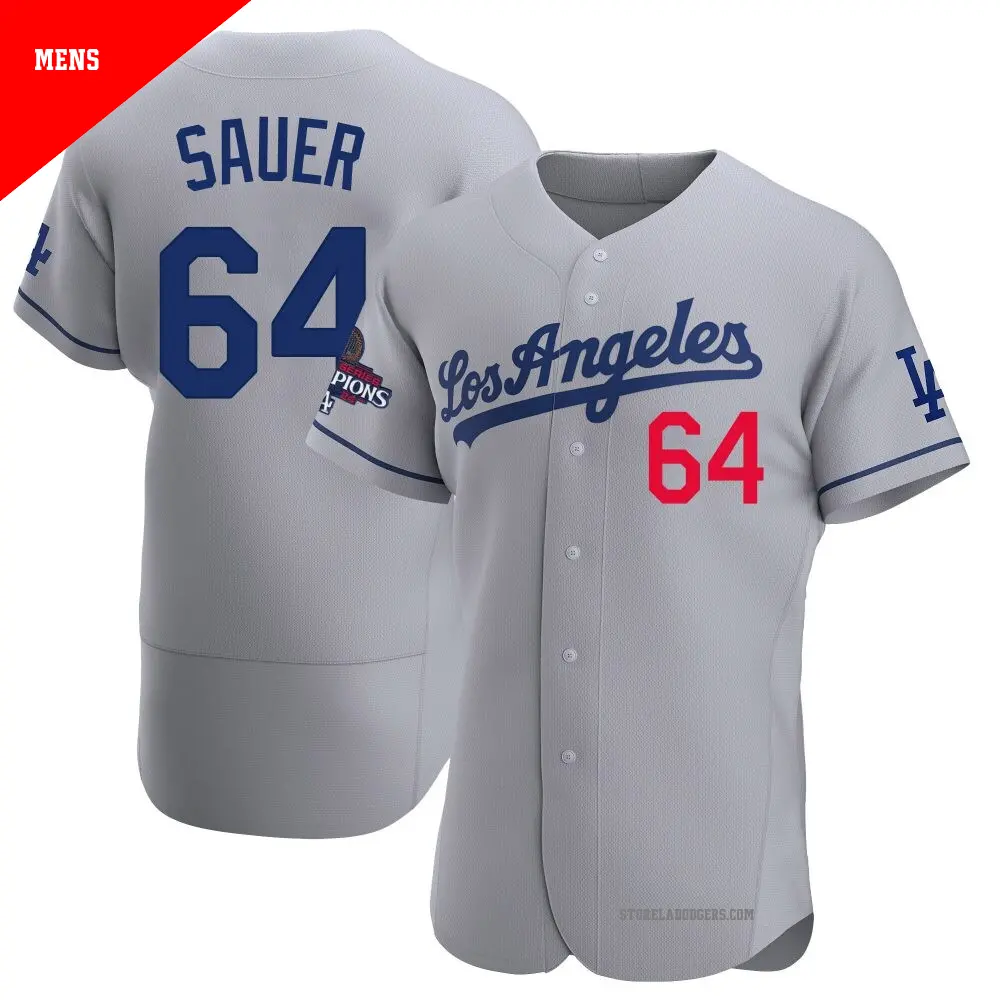 Men's ＃64 Matt Sauer Los Angeles Dodgers Gray Authentic Away Official 2024 World Series Champions Jersey