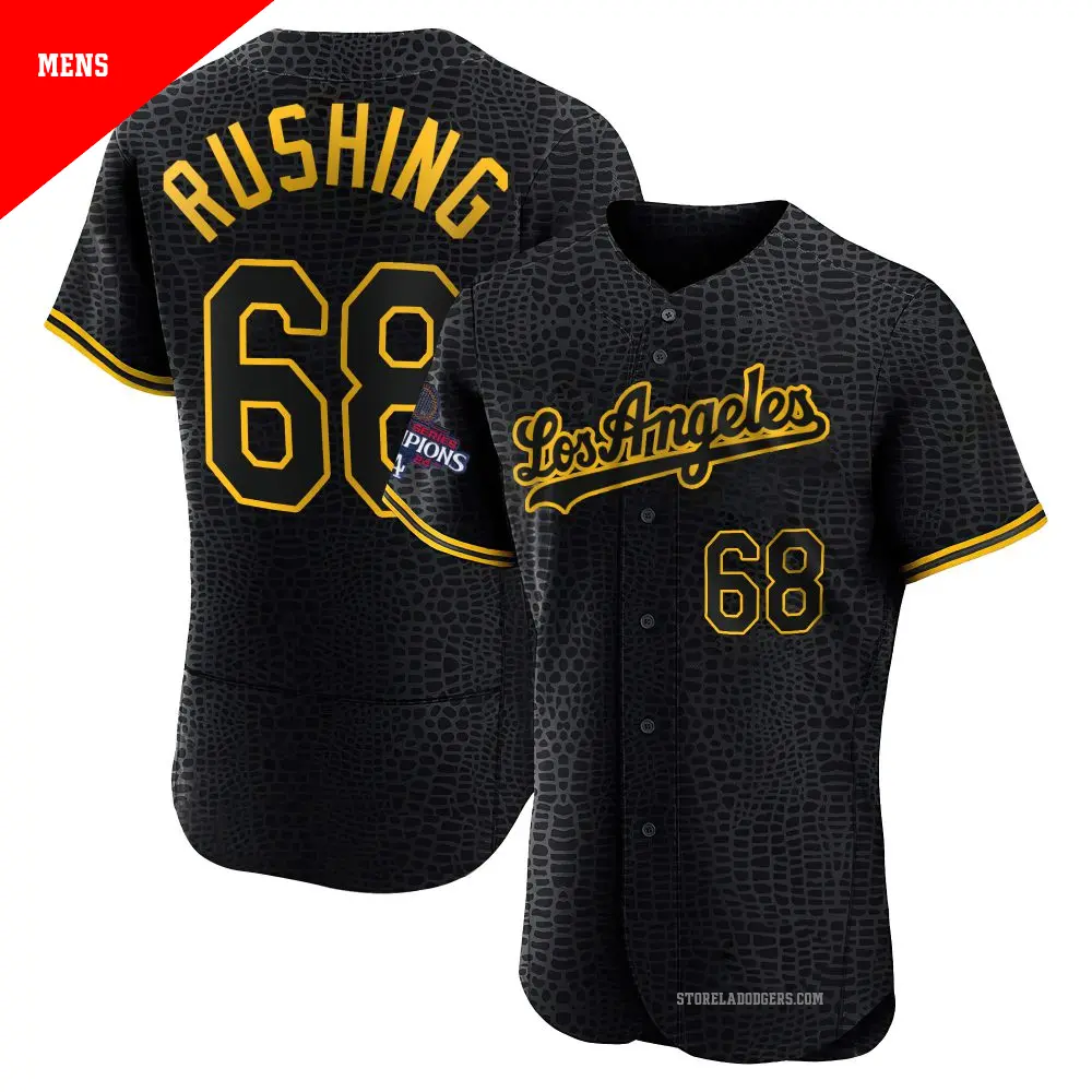 Men's ＃68 Dalton Rushing Los Angeles Dodgers Black Authentic Snake Skin City 2024 World Series Champions Jersey
