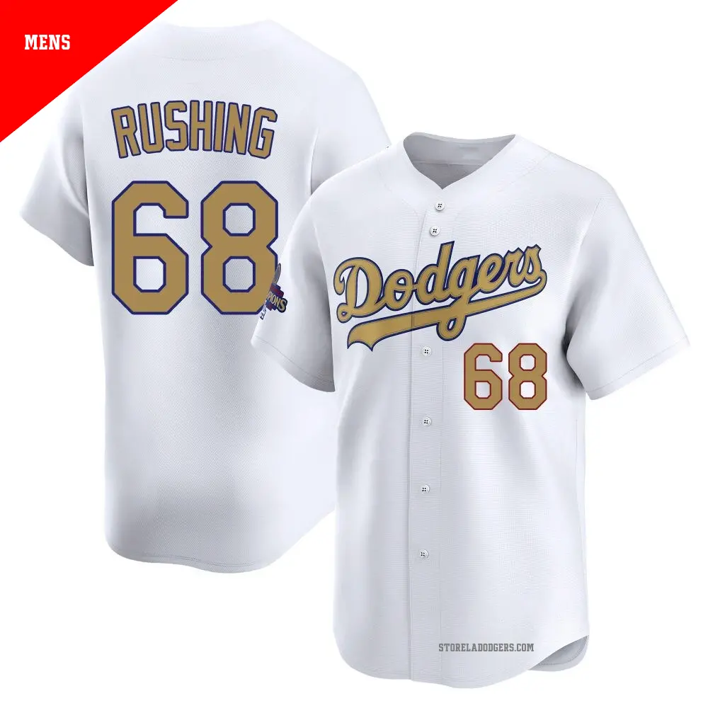 Men's ＃68 Dalton Rushing Los Angeles Dodgers Gold Limited White 2025 Collection Jersey