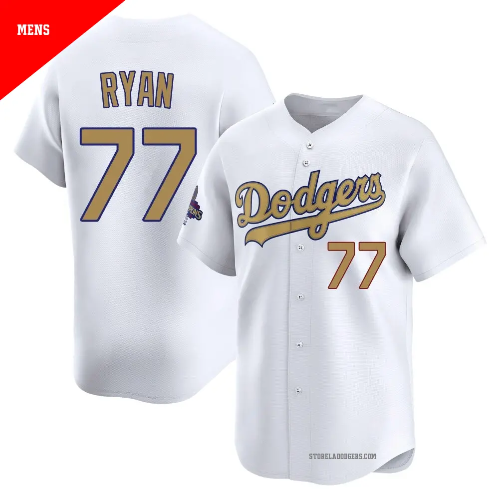 Men's ＃77 River Ryan Los Angeles Dodgers Gold Limited White 2025 Collection Jersey