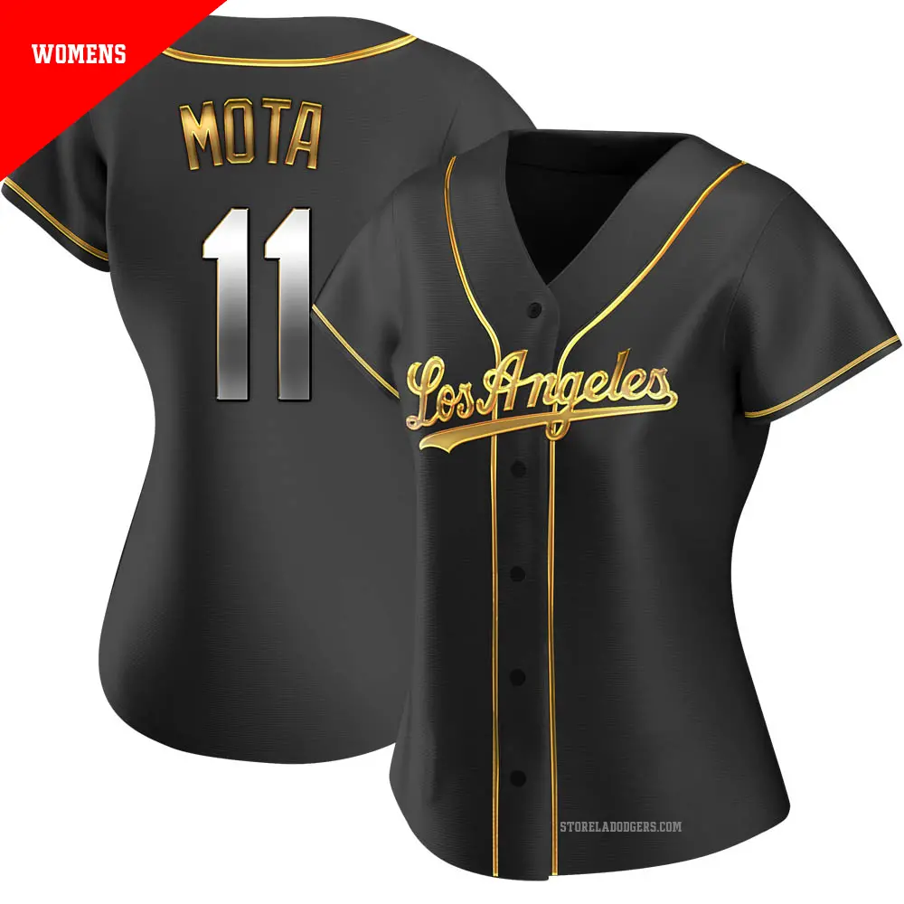 Women's ＃11 Manny Mota Los Angeles Dodgers Gold Replica Black en Alternate Jersey
