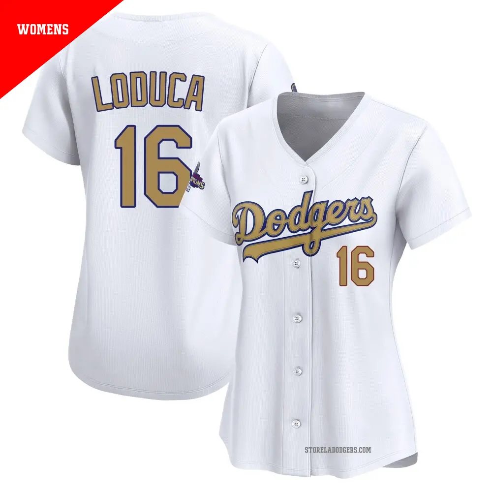 Women's ＃16 Paul Loduca Los Angeles Dodgers Gold Limited White 2025 Collection Jersey