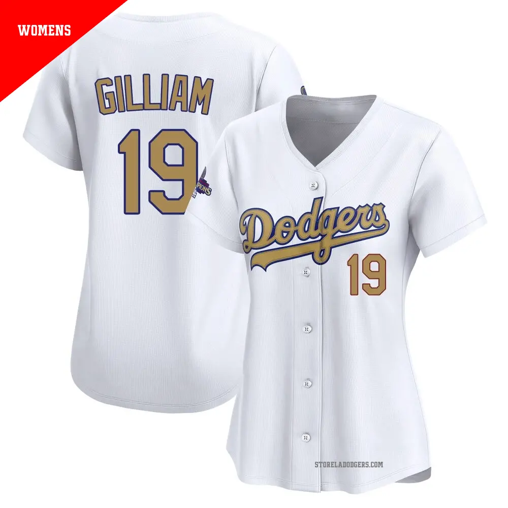 Women's ＃19 Jim Gilliam Los Angeles Dodgers Gold Limited White 2025 Collection Jersey