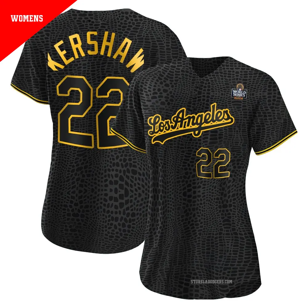 Women's ＃22 Clayton Kershaw Los Angeles Dodgers Black Authentic Snake Skin City 2024 World Series Jersey