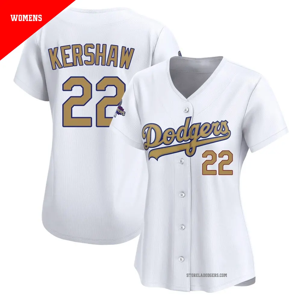 Women's ＃22 Clayton Kershaw Los Angeles Dodgers Gold Limited White 2025 Collection Jersey