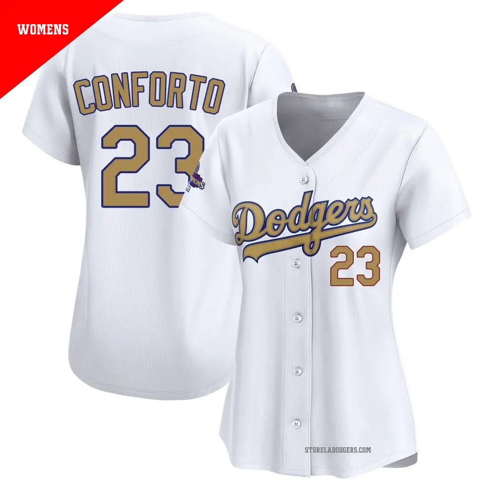 Women's ＃23 Michael Conforto Los Angeles Dodgers Gold Limited White 2025 Collection Jersey