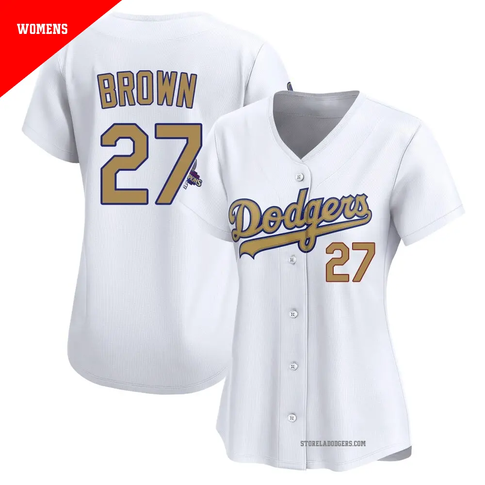 Women's ＃27 Kevin Brown Los Angeles Dodgers Gold Limited White 2025 Collection Jersey