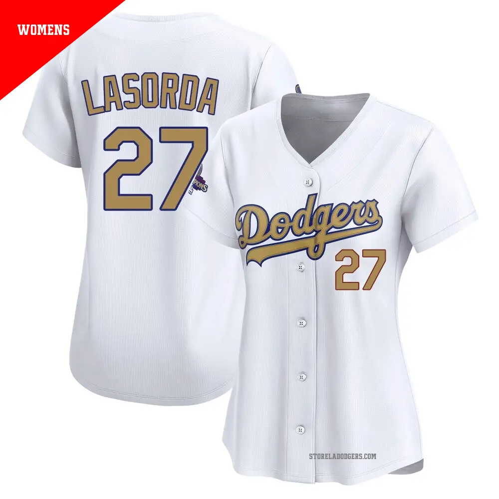 Women's ＃27 Tommy Lasorda Los Angeles Dodgers Gold Limited White 2025 Collection Jersey