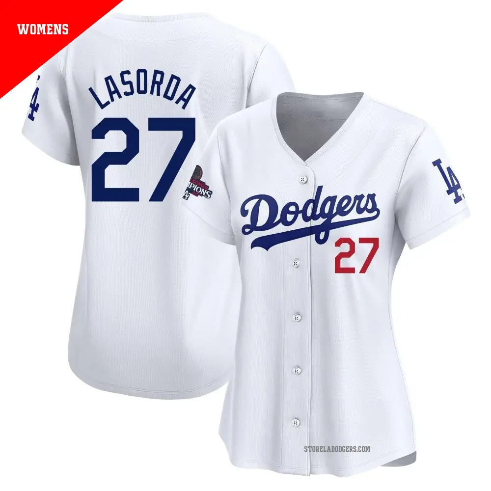 Women's ＃27 Tommy Lasorda Los Angeles Dodgers White Limited Home 2024 World Series Champions Jersey