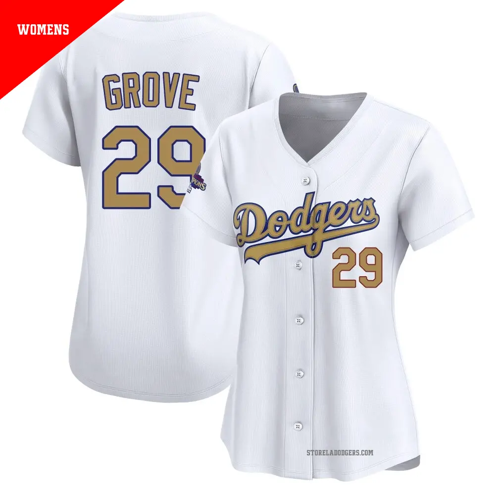 Women's ＃29 Michael Grove Los Angeles Dodgers Gold Limited White 2025 Collection Jersey