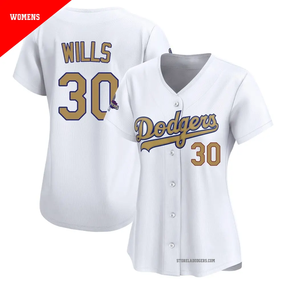 Women's ＃30 Maury Wills Los Angeles Dodgers Gold Limited White 2025 Collection Jersey