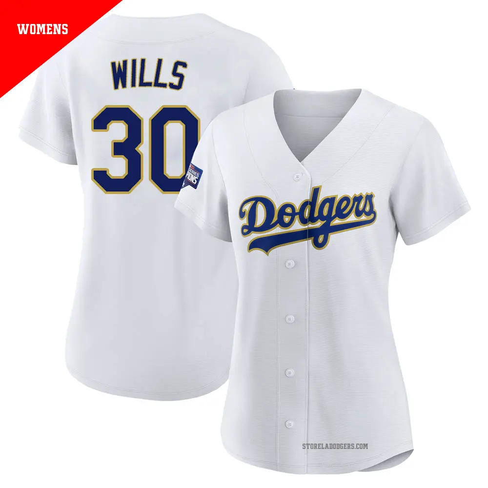 Women's ＃30 Maury Wills Los Angeles Dodgers White/Gold Replica 2021 Gold Program Player Jersey