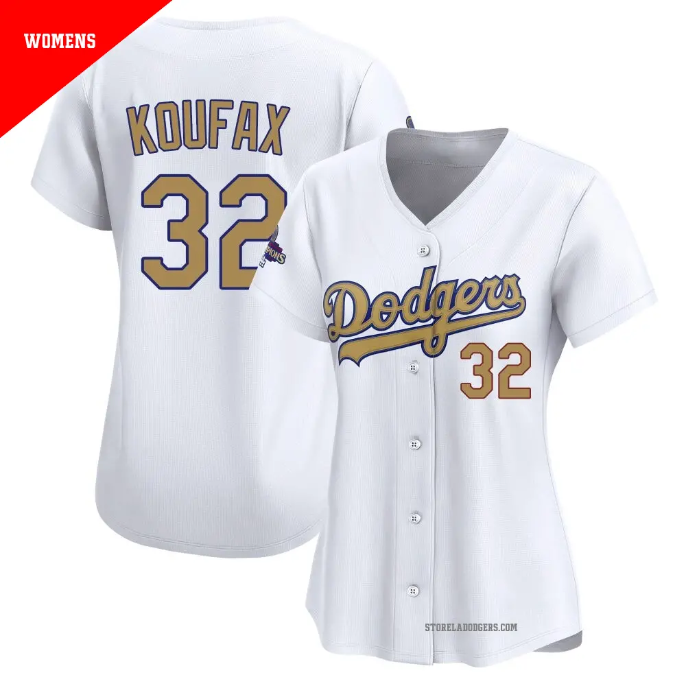 Women's ＃32 Sandy Koufax Los Angeles Dodgers Gold Limited White 2025 Collection Jersey
