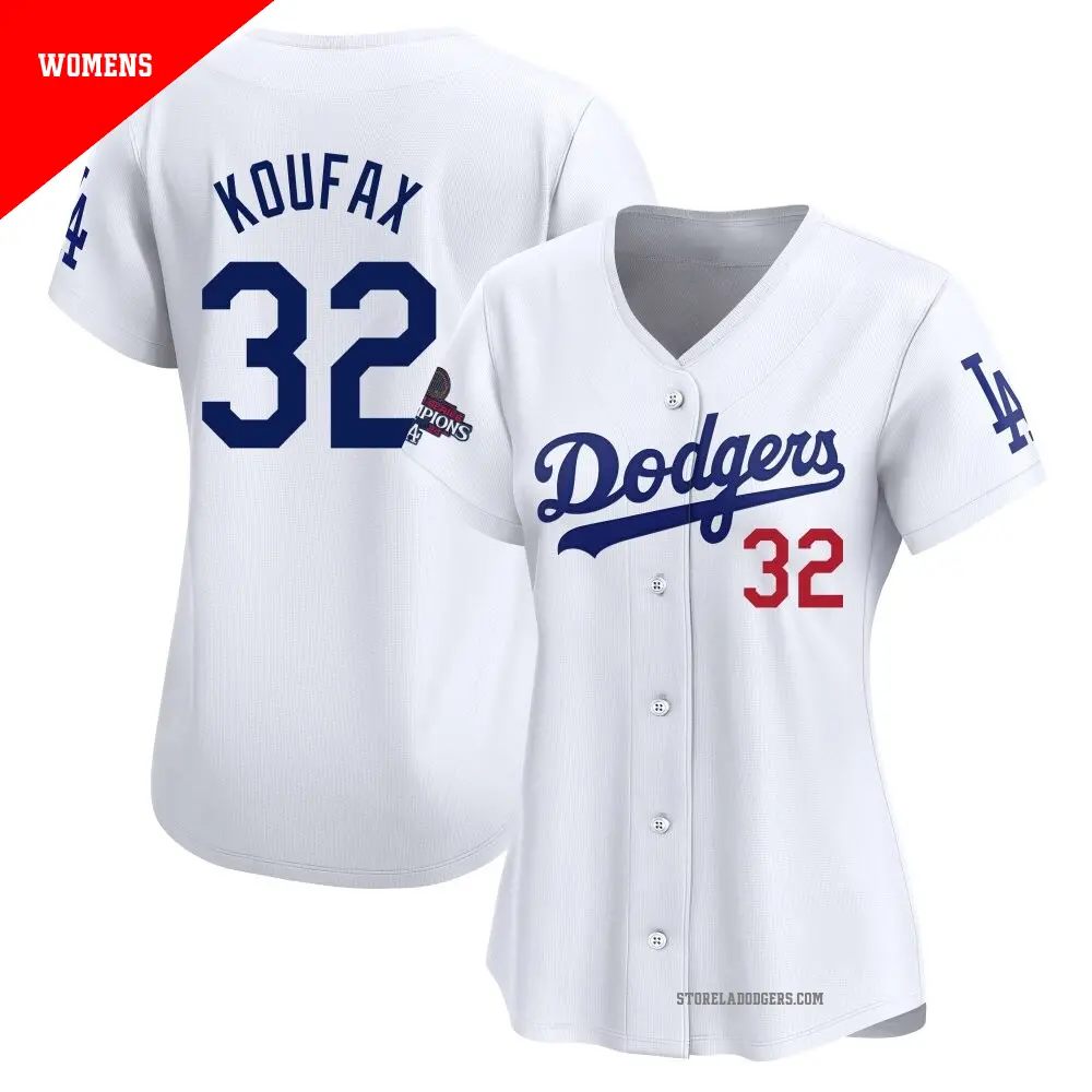 Women's ＃32 Sandy Koufax Los Angeles Dodgers White Limited Home 2024 World Series Champions Jersey