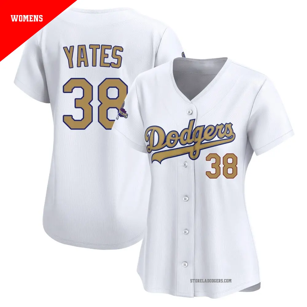 Women's ＃38 Kirby Yates Los Angeles Dodgers Gold Limited White 2025 Collection Jersey