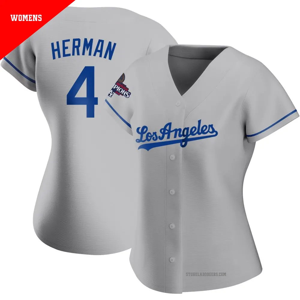 Women's ＃4 Babe Herman Los Angeles Dodgers Gray Authentic Road 2024 World Series Champions Jersey