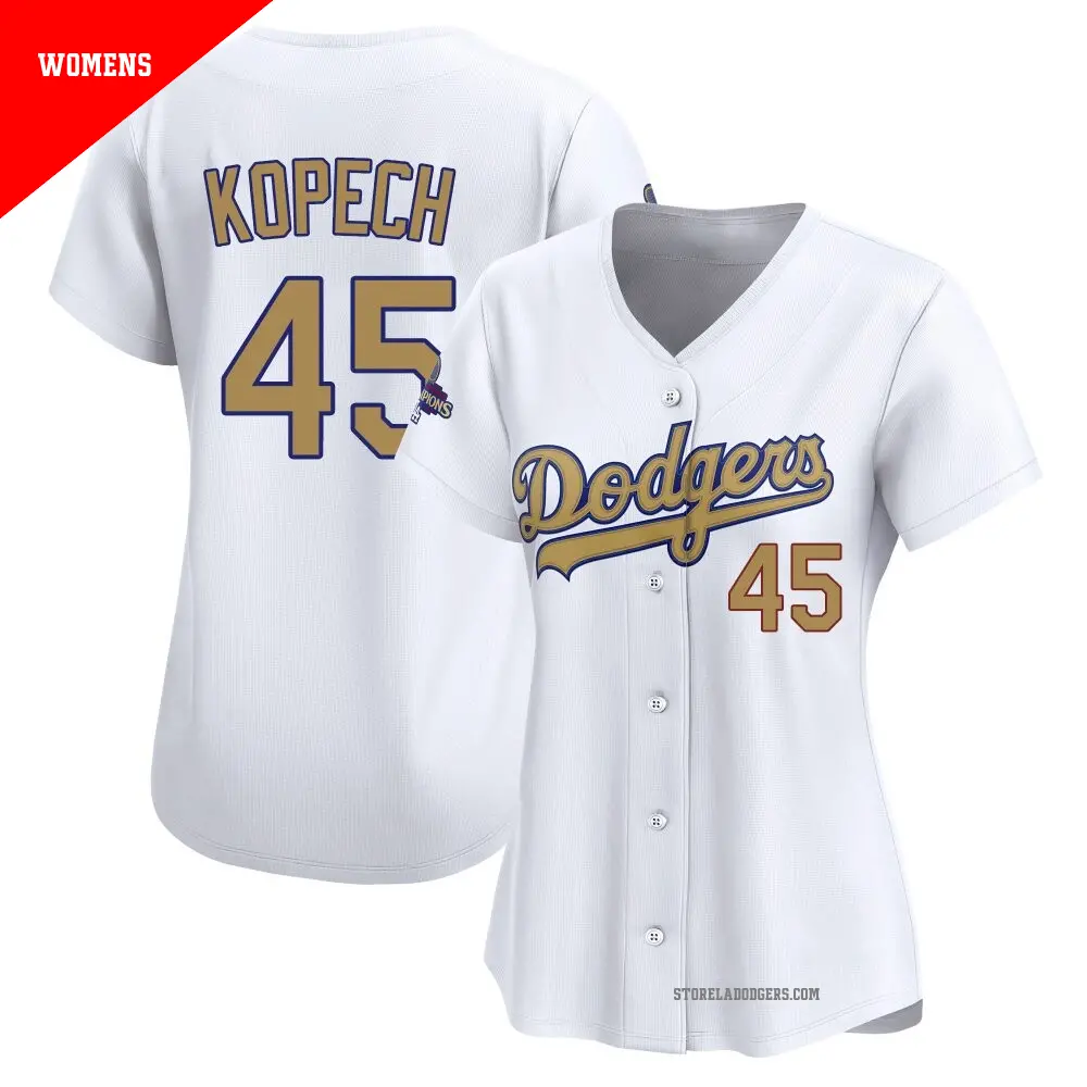 Women's ＃45 Michael Kopech Los Angeles Dodgers Gold Limited White 2025 Collection Jersey