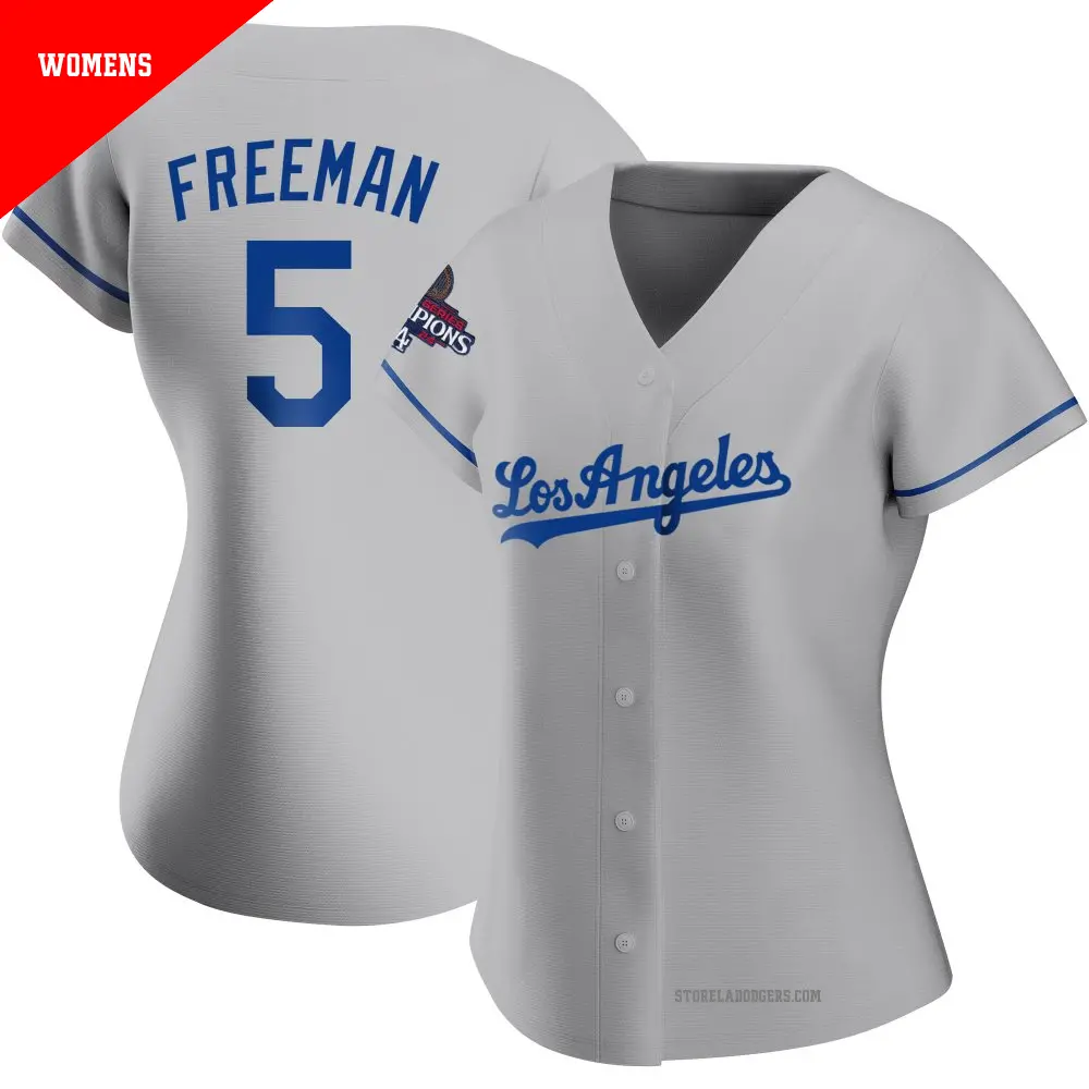 Women's ＃5 Freddie Freeman Los Angeles Dodgers Gray Replica Road 2024 World Series Champions Jersey