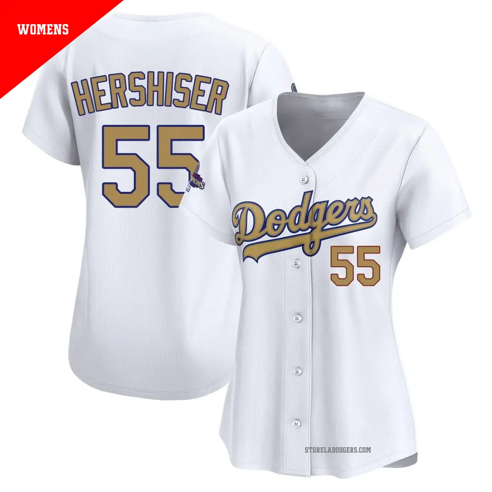 Women's ＃55 Orel Hershiser Los Angeles Dodgers Gold Limited White 2025 Collection Jersey