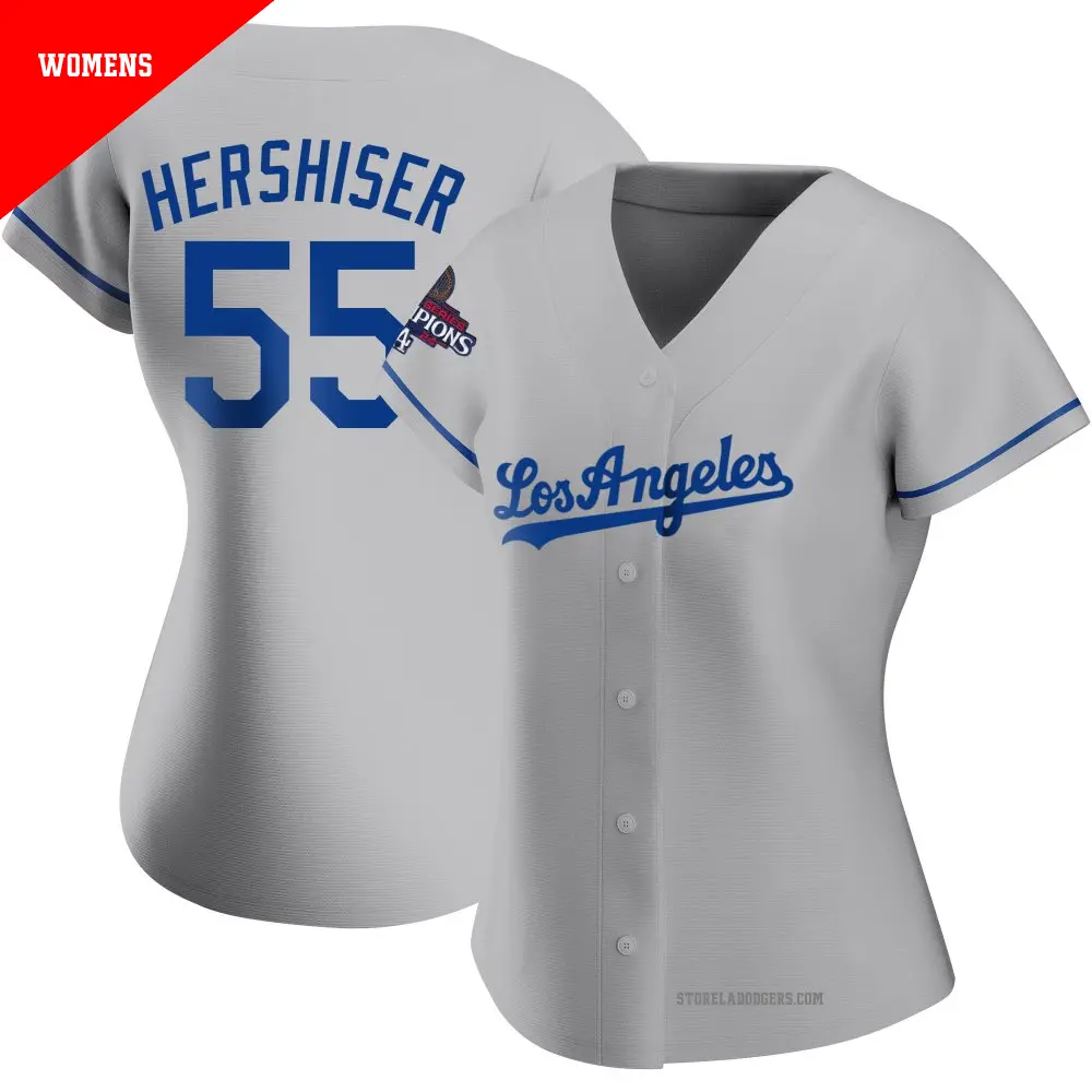 Women's ＃55 Orel Hershiser Los Angeles Dodgers Gray Replica Road 2024 World Series Champions Jersey