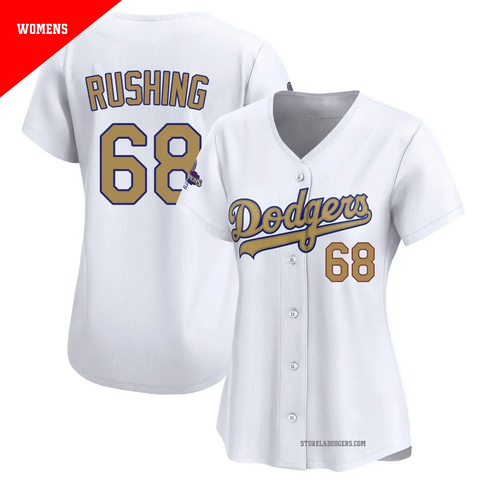 Women's ＃68 Dalton Rushing Los Angeles Dodgers Gold Limited White 2025 Collection Jersey
