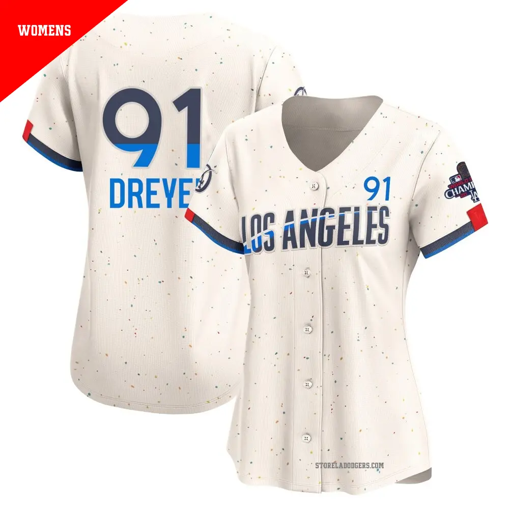 Women's ＃91 Jack Dreyer Los Angeles Dodgers Cream Limited 2024 City Connect World Series Champions Jersey