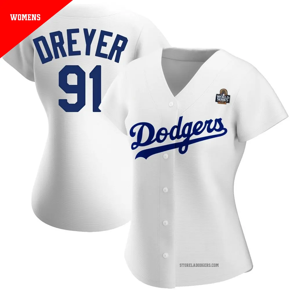 Women's ＃91 Jack Dreyer Los Angeles Dodgers White Replica Home 2024 World Series Jersey